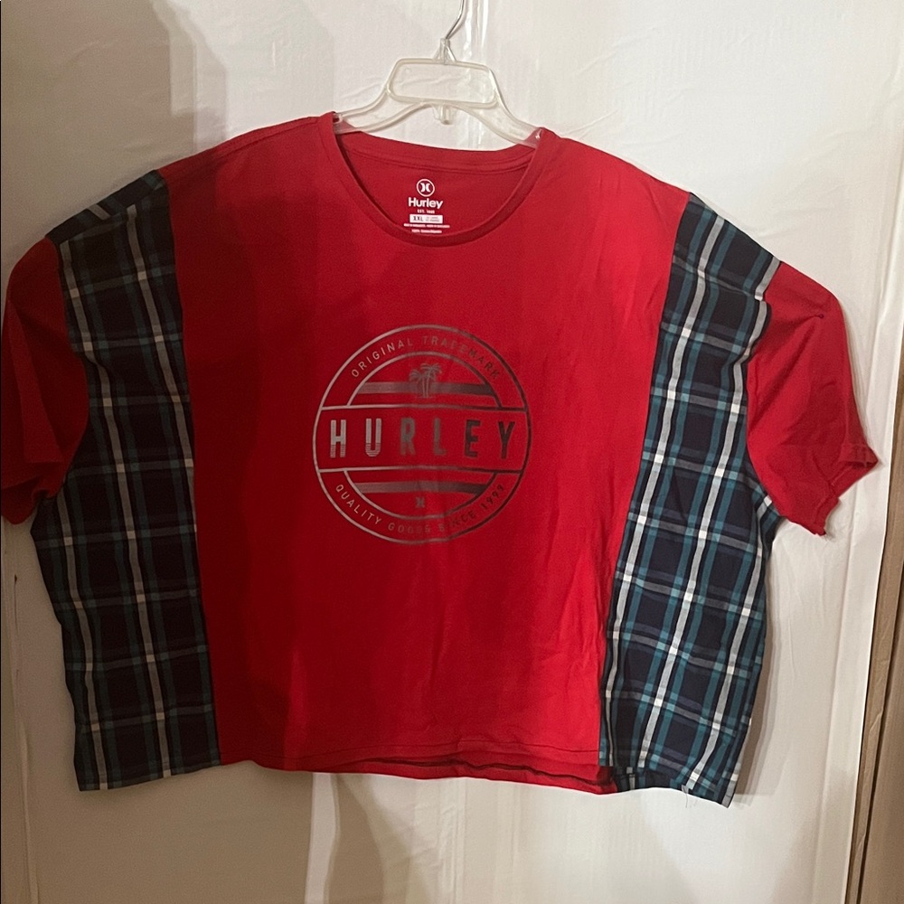Upcycled reworked Hurley Red and Plaid Graphic Tee. Started out as XXL. Y2K ins